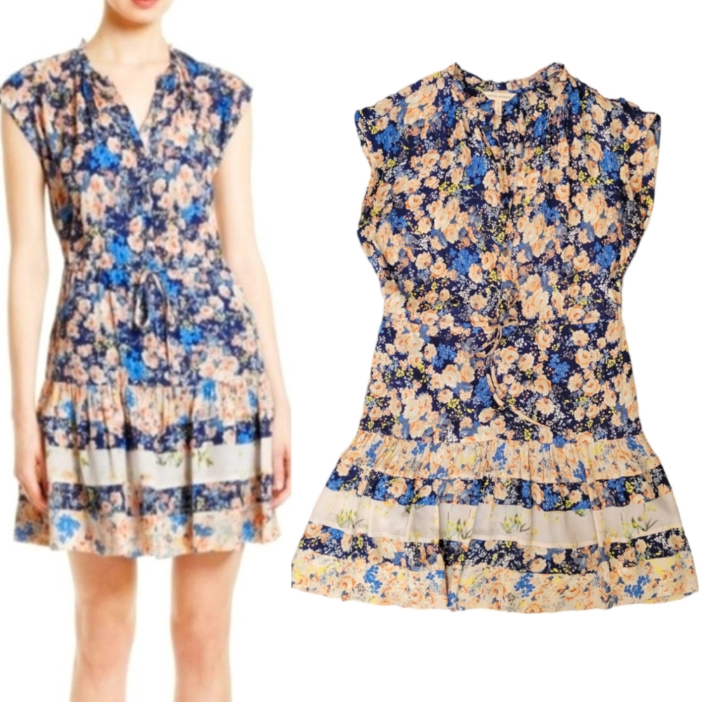 Rebecca Taylor Navy Blue and Peach Floral Silk Dress